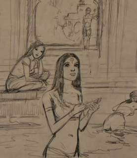 India Dreams - Crayonné original - Baignade dans le lac près du palais - Loose page | Catawiki