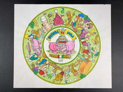Benito Jacovitti - "Di salame & di vino" illustrazione originale - Loose page - (1996) | Catawiki