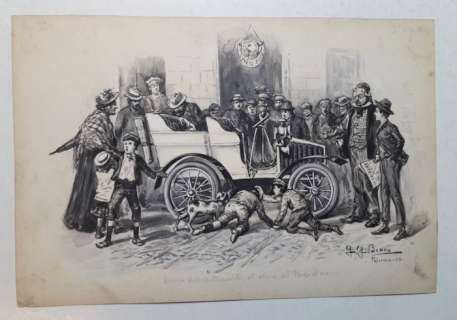 Giovanni Garibaldi Bruno - Arrivo dell’Automobile all’Osteria del Parco d’oro - Firmata e datata - Loose page - (1903) | Catawiki