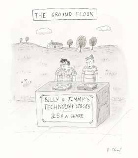 ROZ CHAST (1955-) (THE NEW YORKER) "The Ground Floor: Billy & Jimmy’s Technology Stocks - 25¢ a Share." | Swann Galleries
