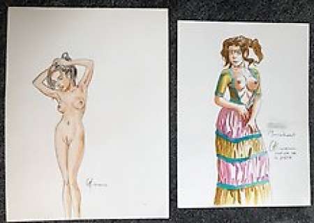 Christophe Carmona - 2 Originele tekeningen in kleur - Aline: costume de la crete; formaat: 20,5 x 28,5 cm + Pin-up; formaat: 32 x 24 cm