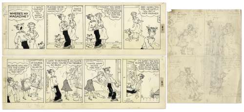 2 Chic Young Hand-Drawn ’’Blondie’’ Comic Strips From 1957 -- With Chic Young’s Original Preliminary Artwork for One | Nate Sanders