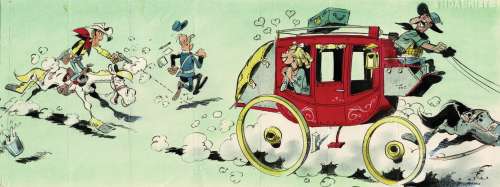 Morris | Lucky Luke, dessin original grand format à l’encre de chine et à l’aquarelle réalisé par Morris dans les années 1970 pour une émission de la télévision belge. | Septimus