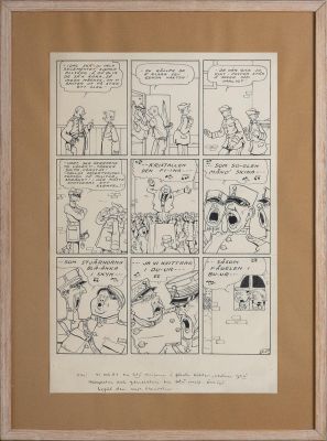 COMIC STRIP WITH NINE PANELS IN BLACK INK FEATURING 91:AN KARLSSON, Rudolf Petersson. Art - Paintings | Auctionet