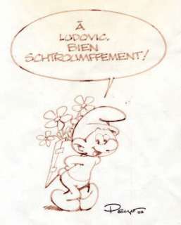 Peyo | Les Schtoumpfs Dessin à l’encre d’un schtroumpf avec un… | Cornette de St Cyr