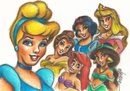 Joan Vizcarra | Disney Princesses: Cinderella, Belle, Snow White, Ariel, Sleepy Beauty & Jasmine - Original Drawing - Joan Vizcarra | Catawiki