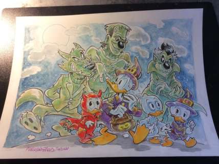 Alessandro Gottardo | Donald Duck - â€œTutti i grandi protagonisti di Halloweenâ€ - Page volante - Exemplaire unique - (2020/2020) | Catawiki