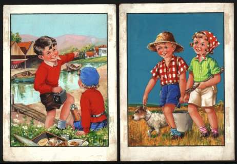 Ev Abbott (1899 - 1980) | EV Abbott - Originele gouaches op dik board - 2 nostalgische illustraties voor de vermaarde uitgever Birn Brothers in Londen - (1950/1955) | Catawiki