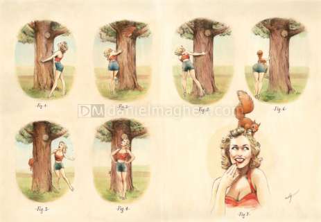 Maly Siri - Illustration originale sur papier Art Board, intitulée ?Une petite partie de cache-cache? - Pin-up Art