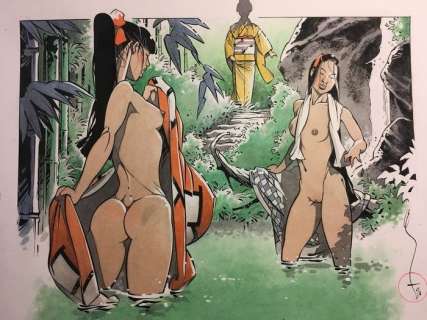 Michetz, Marc | Michetz, Marc - Dessin original couleur - Kogaratsu - Les Filles nues Ã  la cascade - (2019) | Catawiki