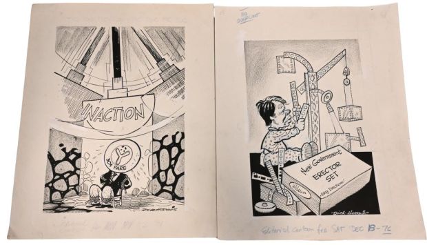 Lot 77 - 9 Dick Hodgins (American 20th Century), Original Editorial Cartoons Eleven original pen and ink editorial cartoons on… | misc / divers