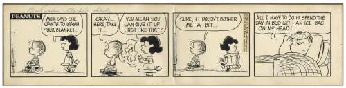 Charles Schulz Original Hand-Drawn ’’Peanuts’’ Comic Strip -- Linus Misses His Blanket in This 1966 Strip | Nate Sanders