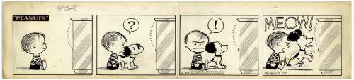 Charles Schulz Original Hand-Drawn ‘‘Peanuts‘‘ Comic Strip From January 1953 -- In this Early Strip, Linus & Snoopy Battle Over the TV & Linus Is Shown Without His Blanket