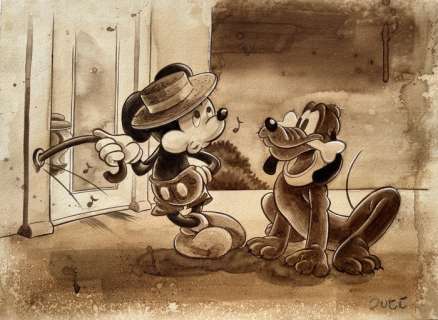 Guti, Coffee Artist | Mickey & Pluto: Mr. Mouse Takes A Trip - Original Coffee Painting - Guti Signed - Original Artwork | Catawiki