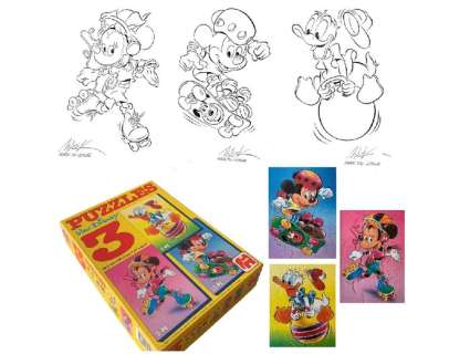 Mark de Jonge | Jumbo Puzzles - 3 original signed artworks and puzzles with Donald, Mickey and Minnie - Exemplaire unique - (1989) | Catawiki
