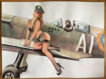 Heijink, John | Heijink, John - Originele tekening in kleur - Sexy British pin up girl on Spitfire airplane - (2016) | Catawiki