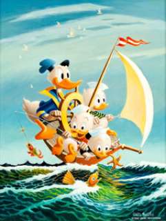 Carl Barks Sailboat Donald Duck Painting CB-OIL 19 Original Art (1972). The image of Donald Duck with nephews -