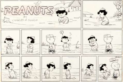 Charles Schulz Peanuts Sunday Comic Strip Charlie Brown and Lucy Original Art dated 1-18-59 (United Feature Syndic... | Heritage