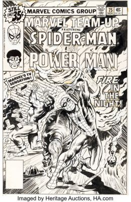 Bob Hall Marvel Team-Up #75 Spider-Man and Power Man Cover Original Art (Marvel, 1978).