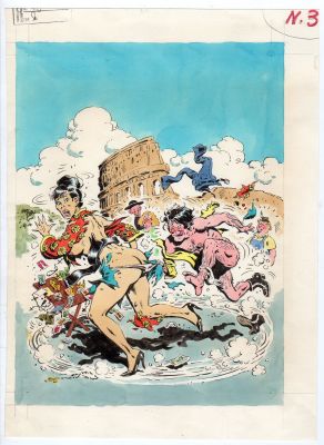 RAOUL BUZZELLI - Copertina per Ep Risate 3 ‘Okkio al buko del Kung-Fu’. Cm 25 x 34,5. Tempera su cartoncino leggero. Anno di esecuzione 1975.