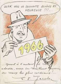 Edgar P Jacobs | Blake et Mortimer, Olrik, dessin original à l’encre de chine et au crayon réalisé fin 1965 pour une carte de voeux adressée à Marcel Dehaye (rédacteur en chef du journal Tintin). Ce dessin a été publié en 1992 dans le Figaro, en… | Septimus