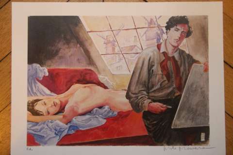 Milo Manara - print - Homage a Modigliani et son modele, attelier de Montmartre a Paris | Catawiki
