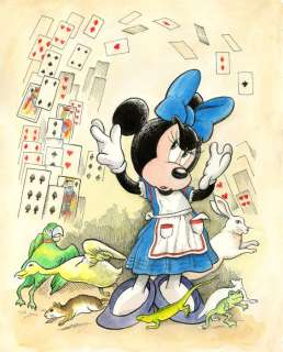 Jordi Juan Pujol - Minnie Mouse as "The Nursery Alice": "The Shower of Cards" - Watercolour Painting - Original Artwork | Catawiki