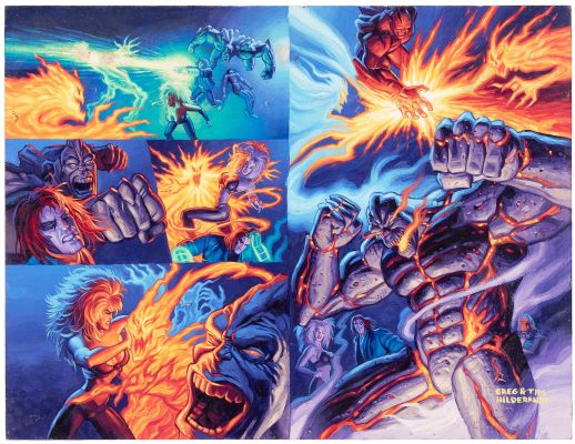 Lot 27 - THE BROTHERS HILDEBRANDT X-MEN 2099: OASIS #1 COMIC BOOK DOUBLE PAGE SPREAD ORIGINAL ART PAINTING. | Hake’s