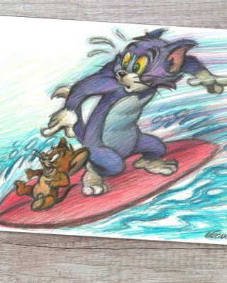 Vizcarra - Tom et Jerry « Surf’s Up ! » - Hand-Signed Original Colour Pencil Artwork | Catawiki