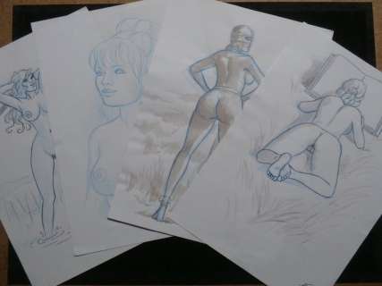 Vergne, J.C. - 4 Originele, erotische tekeningen - Page volante - n.v.t. | Catawiki