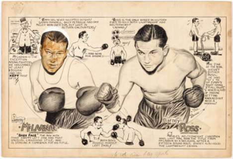 Phil Berube - Barney Ross and Jimmy McLarnin-Related Sports Section Illustrations Original Art Group of 6 (Bell -