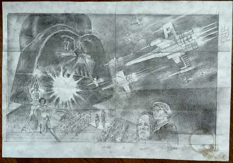 Tom Jung - Historic Very First, Very Large 1977 Star Wars Movie Poster Artwork! (Bonus Drawings on Back: Darth Vader, Luke Skywalker, Princess Leia, Jedi Starfighter!)