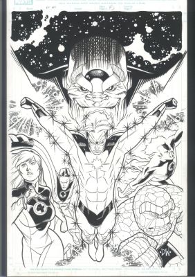 David Williams | David Williams Fantastic Four Cover - the Ff + Captain Marvel Vs Thanos - Spectacular Issue Marvel Adventures: Fantastic Four # 16 Page Cover | Koch Comic Art