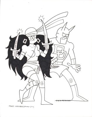 Fred Hembeck | Elektra & Daredevil Large Commission - Signed - 2009 | Anthony’s Comic Book Art