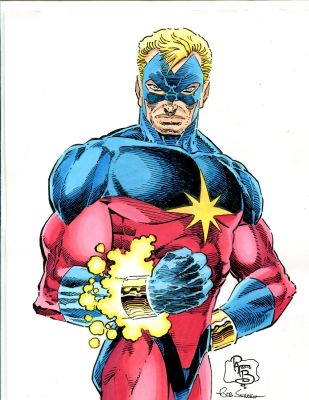 Pat Broderick | Pat Broderick & Bob Sharen - Captain Marvel Watercolor - Signed | Anthony’s Comic Book Art