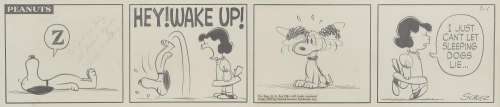 An original Charles Schulz signed and inscribed PEANUTS 4-panel comic strip gifted to Mitzi Gaynor | Bonhams
