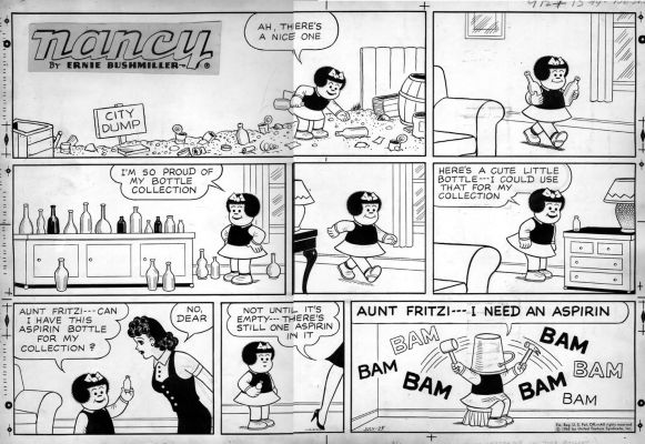 Bushmiller, Ernie - Nancy Sunday 7/ 25 1965, Nancy & Aunt Fritzi Bottle Collection | Cool Lines Art