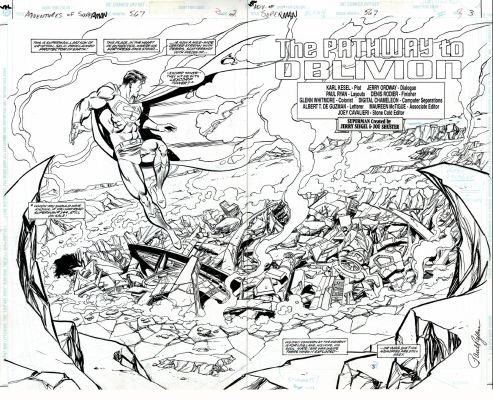 Denis Rodier, Paul Ryan | Adventures of Superman #567 P 2-3 (Superman Flies To See the Lexcorp Building Completely Destroyed!) 1999 | Romitaman