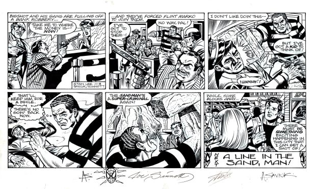 Alex Saviuk, Joe Sinnott | Amazing Spider-Man Sunday Strip (Sandman Throughout Beating Up Cop & Robbing a Bank As Peter Shows Up! Signed By Stan Lee, Saviuk & Sinnott with Extra Spidey Head Drawn!) 11-8-2009 | Romitaman