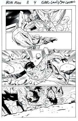 Greg Land, Jay Leisten | Iron Man #8 P 4 (Iron Man Battles Death’s Head!) 2013 | Romitaman