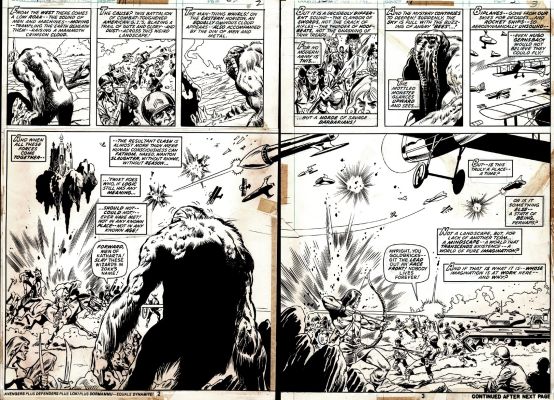 Sal Trapani, Val Mayerik - Fear #19 P 2-3 Double Spread Splash (Man-Thing Double Splash Battle From Howard the Duck‘s Very First Appearance Issue!) 1973