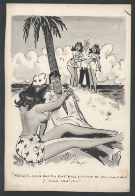Bill Wenzel | Excellent Bill Wentzel Inkwash Humorama Gag - Girls Hold Election on Island Issue Humorama | Koch Comic Art