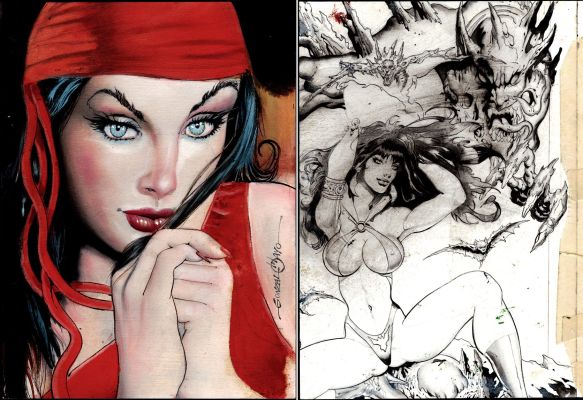 Gonzalo Mayo | Elektra Painted / Vampirella Mixed Media Pinup | Romitaman
