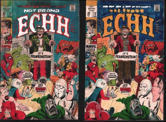 Unknown Artist? | Not Brand Echh #12 Hand-Painted Cover Proofs 2Pc - Possibly Marie Severin? - 1969 | Anthony’s Comic Book Art