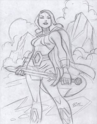 Bruce Timm | Sword Wielding Sif Full Figure W Background Pencil Sketch - Signed | Anthony’s Comic Book Art