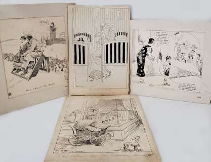 Lot of 4 Vintage Women Children Comic Newspaper Illustration Cartoon Animation Ink Charles Howard Co | Hess Fine Auctions