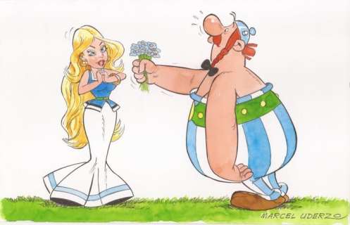 Uderzo, Marcel - Originele tekening in kleur - Verliefde Obélix en Walhalla (Falbala) | Catawiki