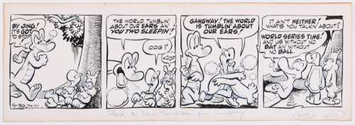 WALT KELLY, AMERICAN 1913-1973, POGO DAILY COMIC STRIP ORIGINAL, 1957, Pen and ink over blue pencil card, Card: 5 3/4 x 17 in. (14.6 x 43.2 cm.) | misc / divers
