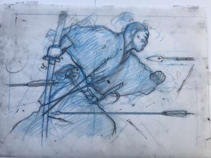 Michetz, Marc - Projet original sur calque avec crayon bleu et encre de Chine pour une sérigraphie - Kogaratsu (2018) | Catawiki