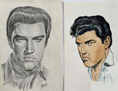 Malik / Paire de Dessins Originaux Illustrant Un Portrait de Elvis Presley. Œuvres de Qualité Réalisées En Août 1977 À La Mort Du "King". Encre de Chine, Mine de Plomb Et Aquarelle + Un Dessin Préparatoire Au dos. Signé. Tbe+. Format A4 |  | Dagoty